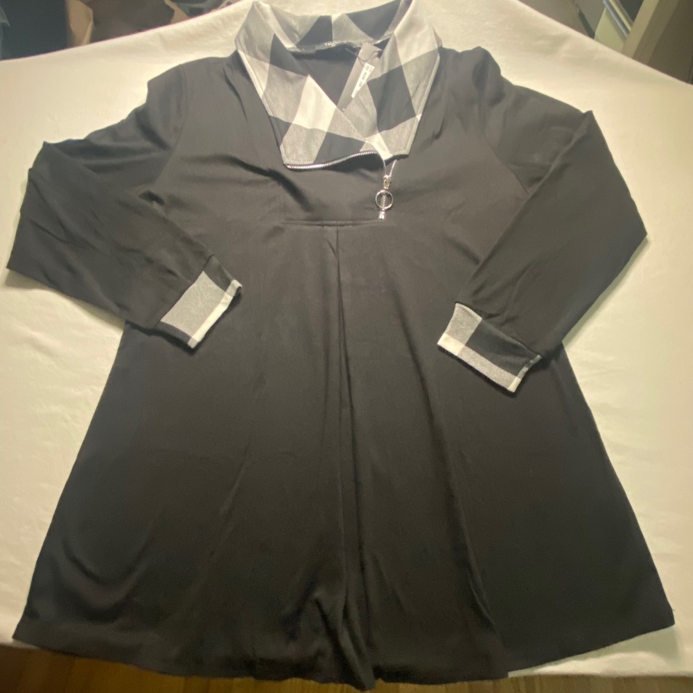 Valolia Womens XXL Black Plaid Trim Quarter Zip Tunic Long Sleeve Top NWT